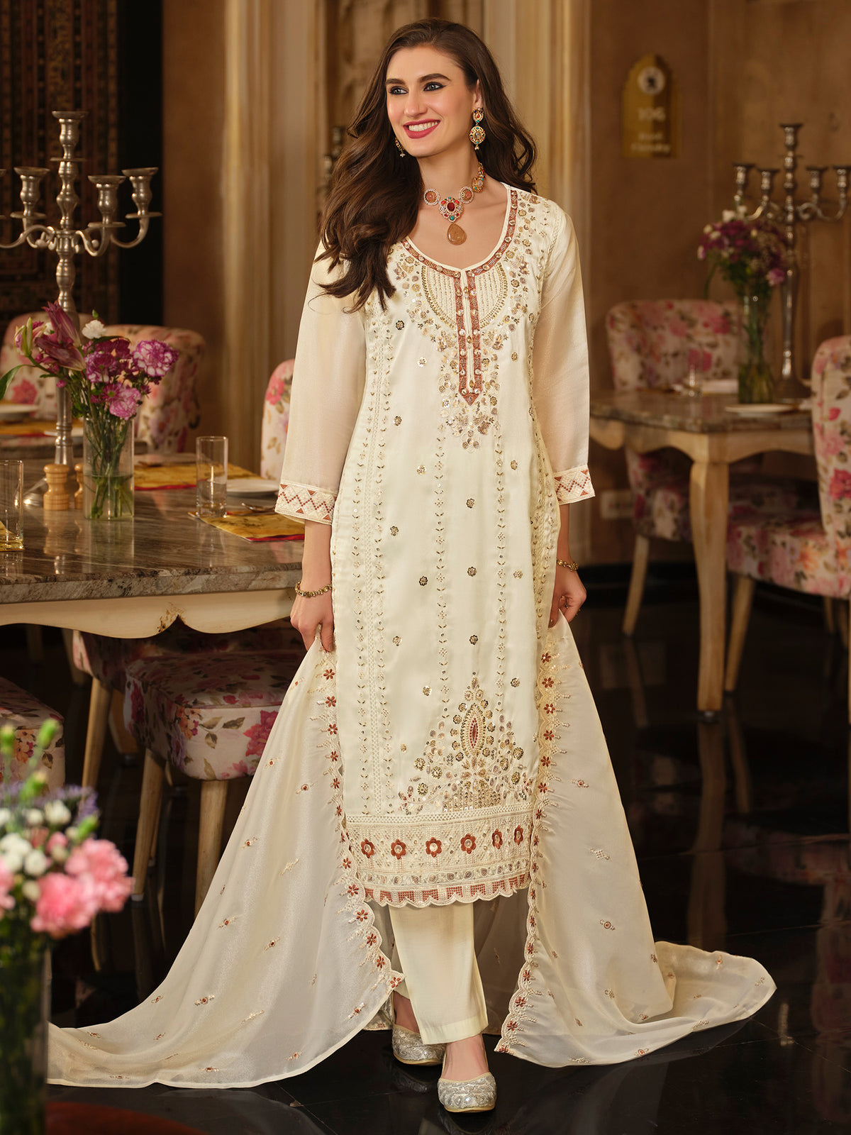 Cream Embroidered Straight Kurta Trousers With Dupatta Set