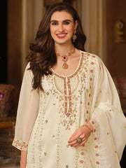Cream Embroidered Straight Kurta Trousers With Dupatta Set
