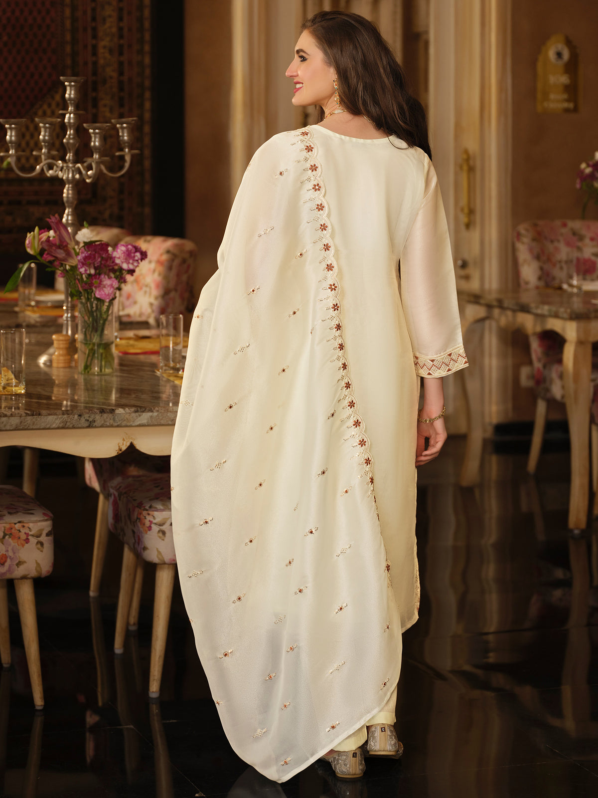 Cream Embroidered Straight Kurta Trousers With Dupatta Set