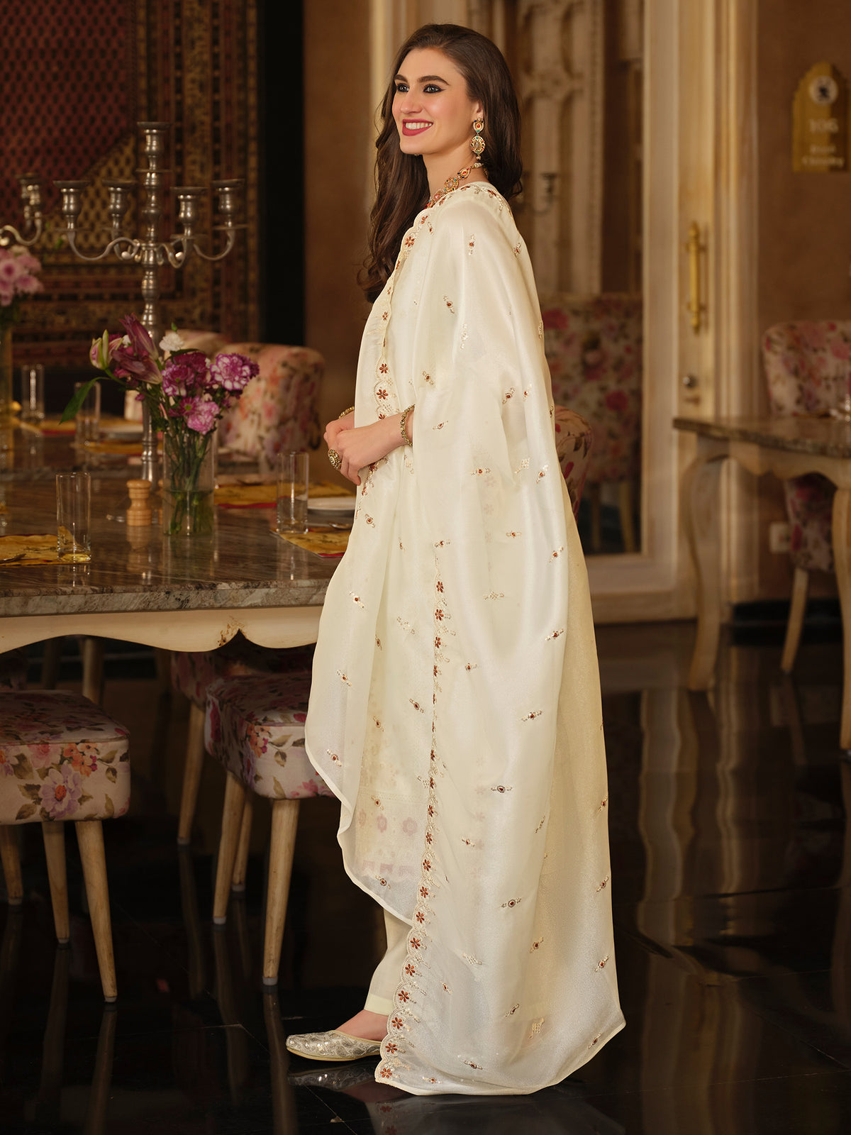 Cream Embroidered Straight Kurta Trousers With Dupatta Set