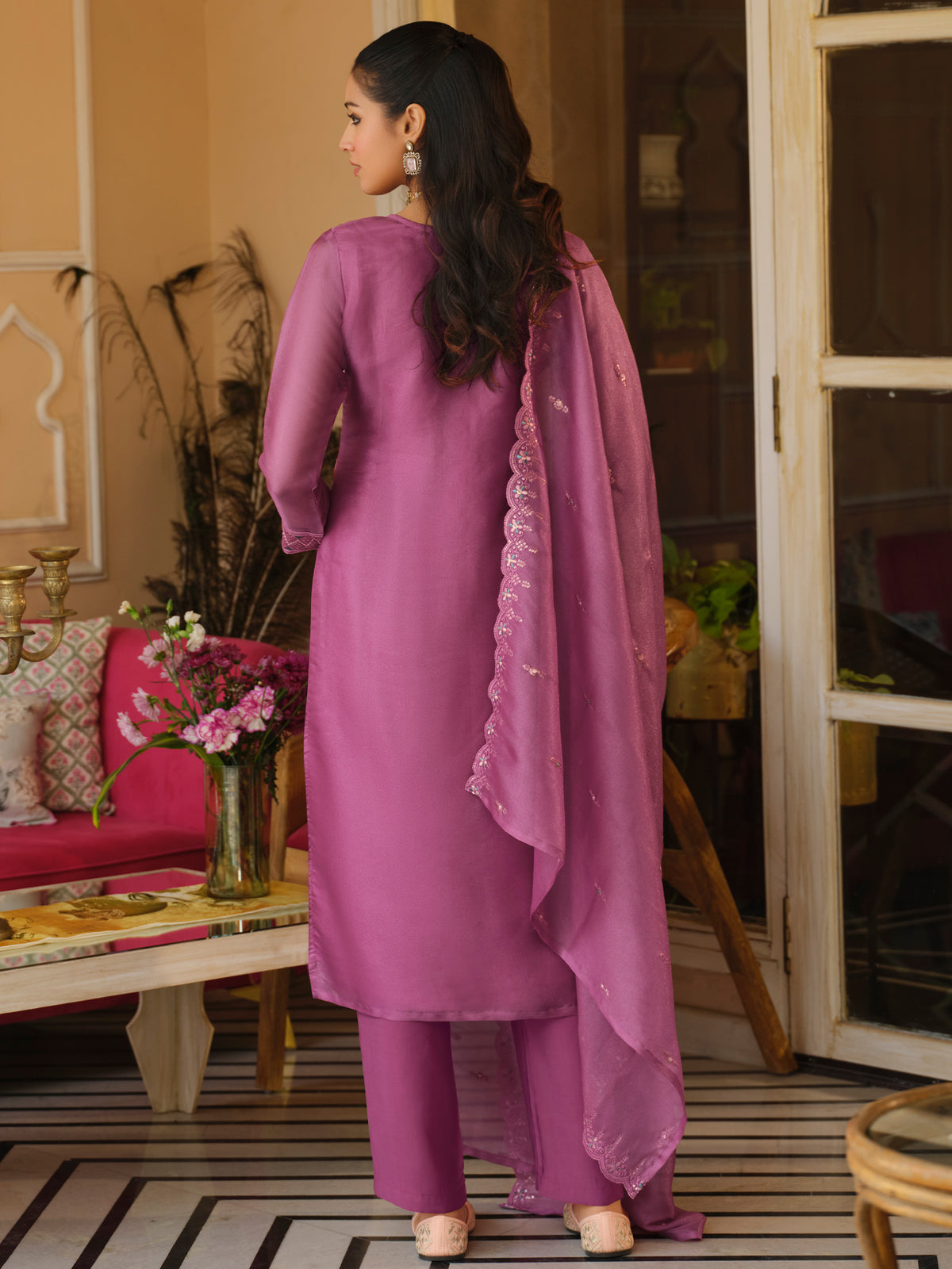 Pink Embroidered Straight Kurta Trousers With Dupatta Set
