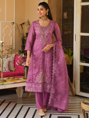 Pink Embroidered Straight Kurta Trousers With Dupatta Set