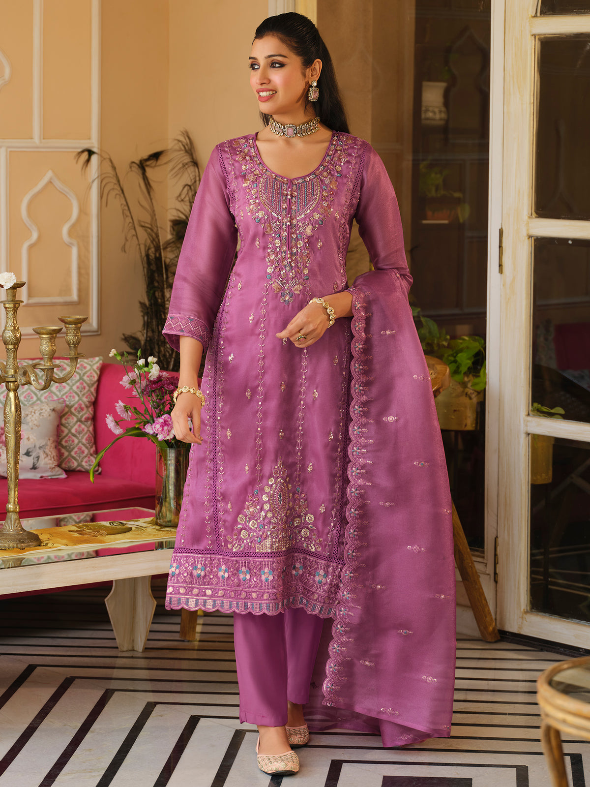 Pink Embroidered Straight Kurta Trousers With Dupatta Set