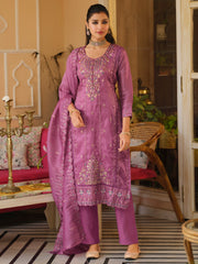Pink Embroidered Straight Kurta Trousers With Dupatta Set