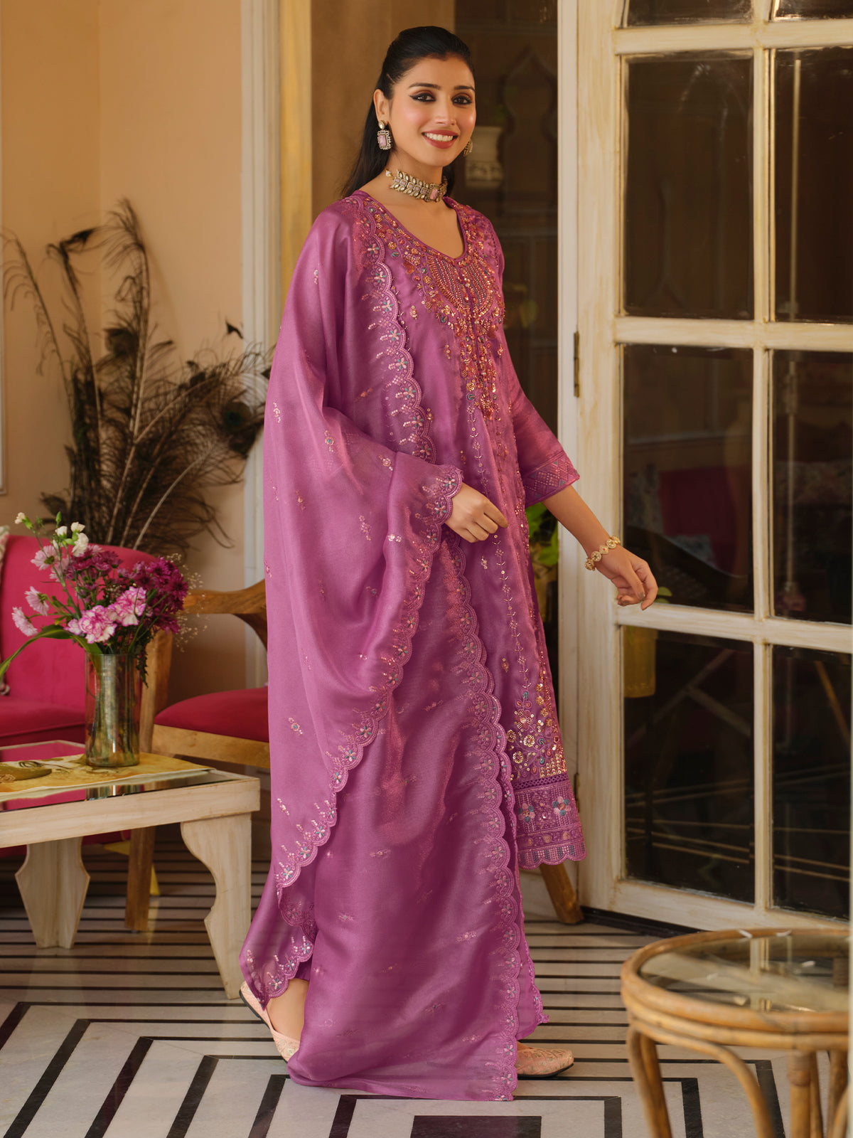 Pink Embroidered Straight Kurta Trousers With Dupatta Set