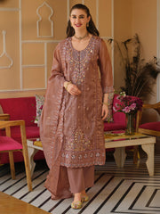 Mauve Embroidered Straight Kurta Trousers With Dupatta Set