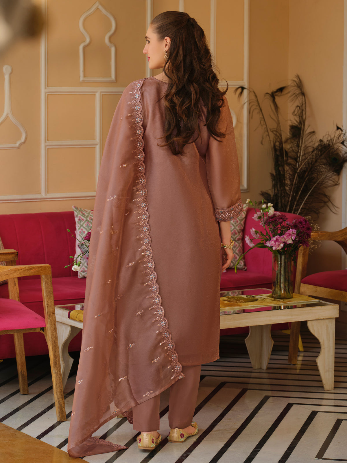 Mauve Embroidered Straight Kurta Trousers With Dupatta Set