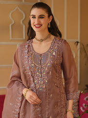 Mauve Embroidered Straight Kurta Trousers With Dupatta Set
