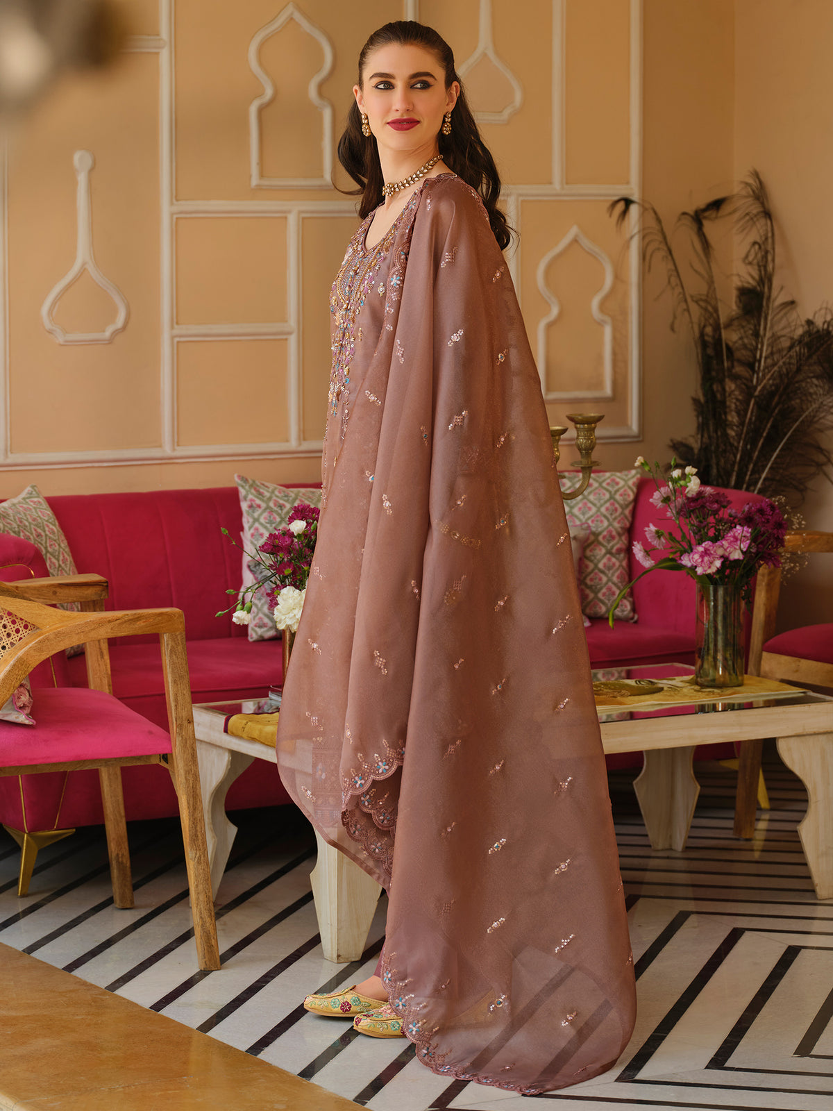 Mauve Embroidered Straight Kurta Trousers With Dupatta Set