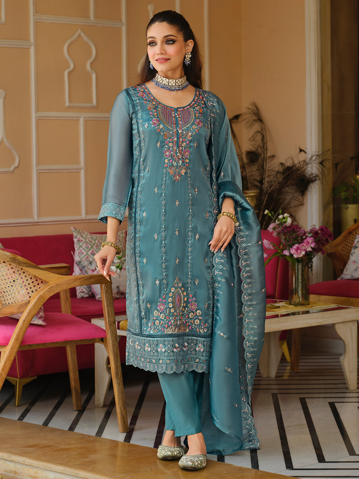 Blue Embroidered Straight Kurta Trousers With Dupatta Set