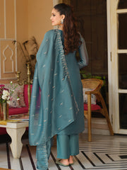 Blue Embroidered Straight Kurta Trousers With Dupatta Set