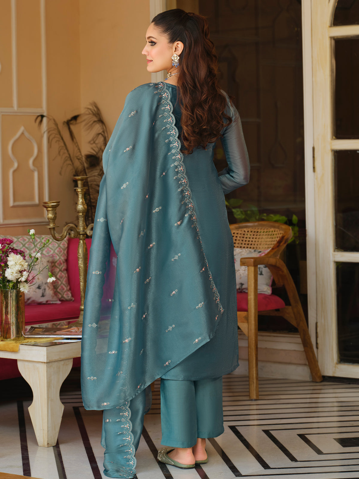 Blue Embroidered Straight Kurta Trousers With Dupatta Set
