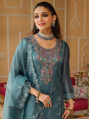Blue Embroidered Straight Kurta Trousers With Dupatta Set