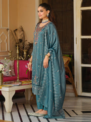 Blue Embroidered Straight Kurta Trousers With Dupatta Set