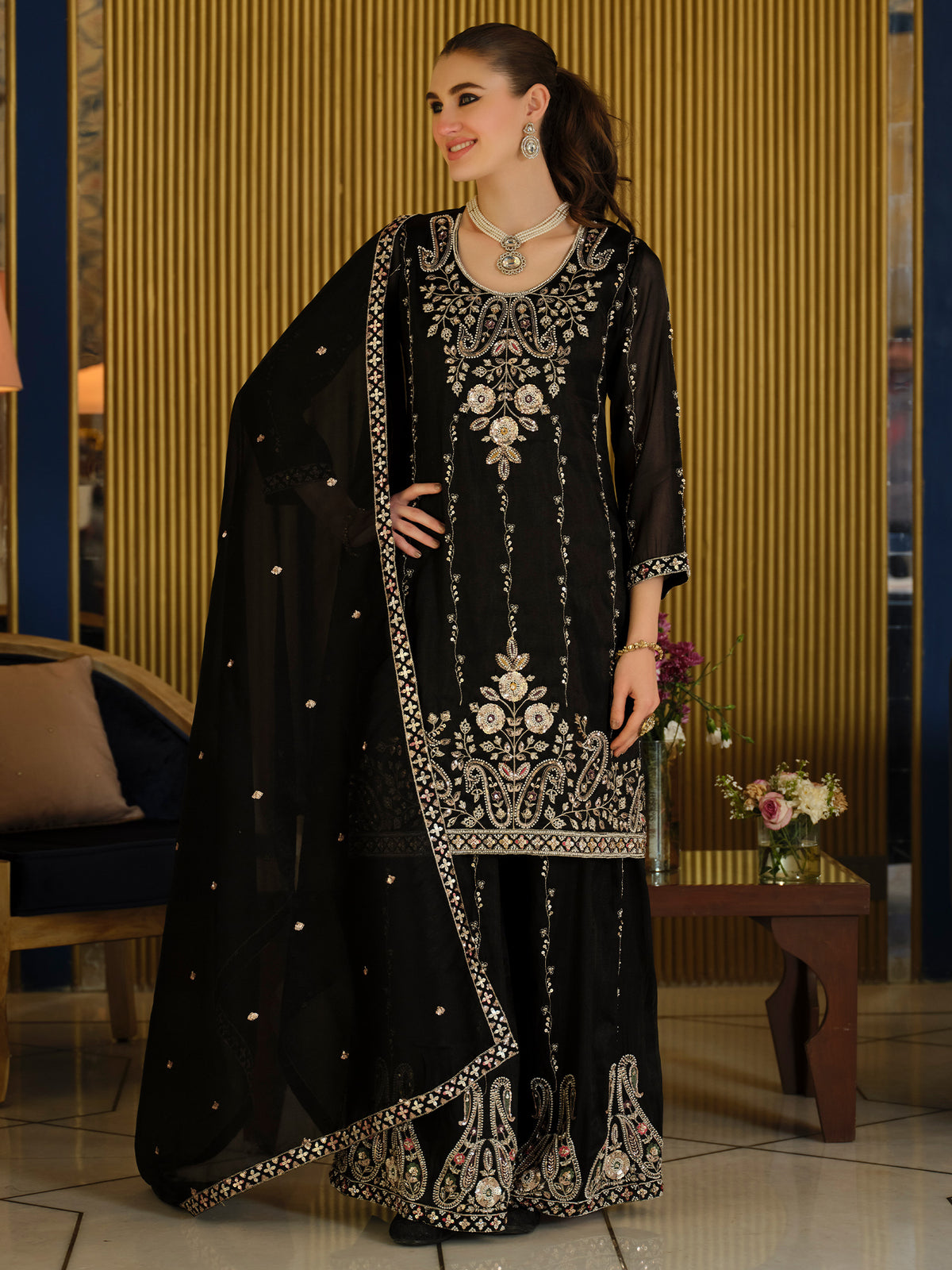 Black Embroidered Straight Kurta Palazzos With Dupatta Set