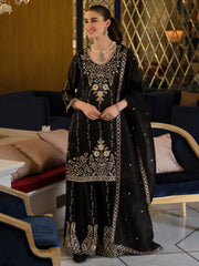 Black Embroidered Straight Kurta Palazzos With Dupatta Set