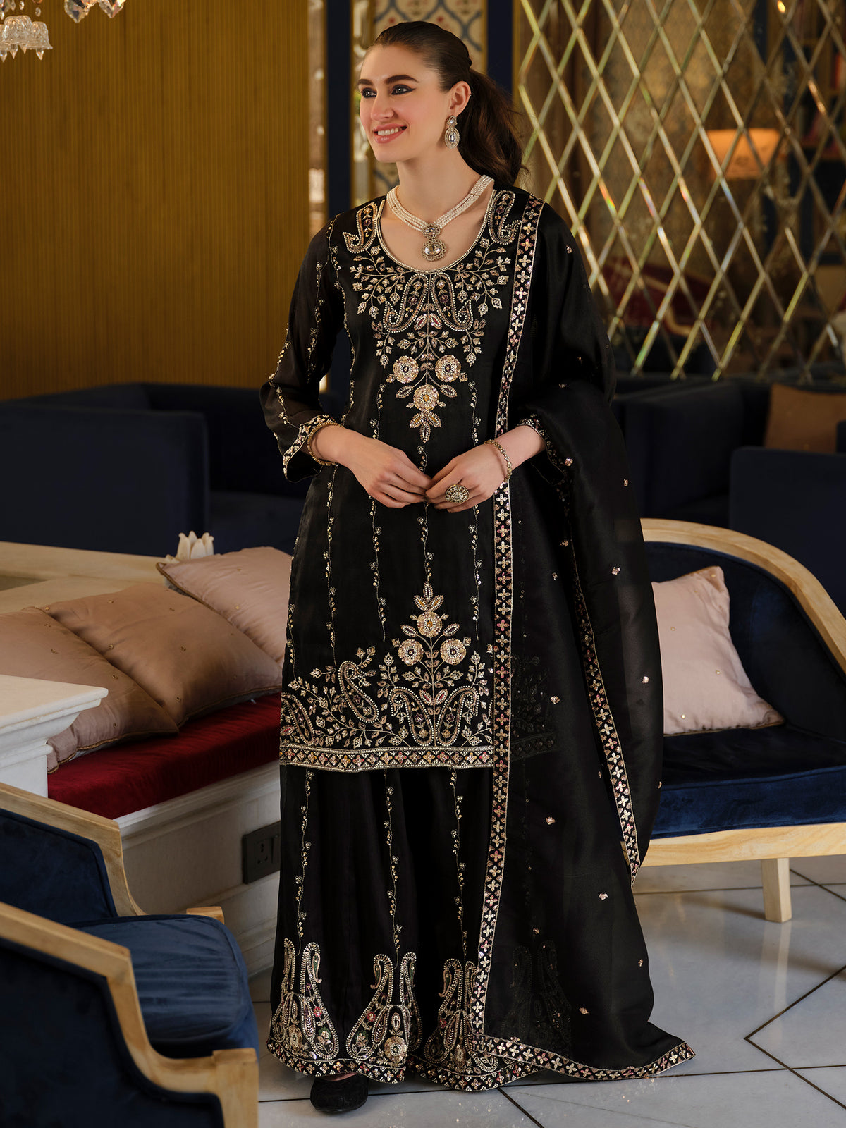 Black Embroidered Straight Kurta Palazzos With Dupatta Set