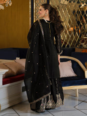 Black Embroidered Straight Kurta Palazzos With Dupatta Set