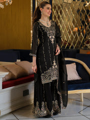 Black Embroidered Straight Kurta Palazzos With Dupatta Set