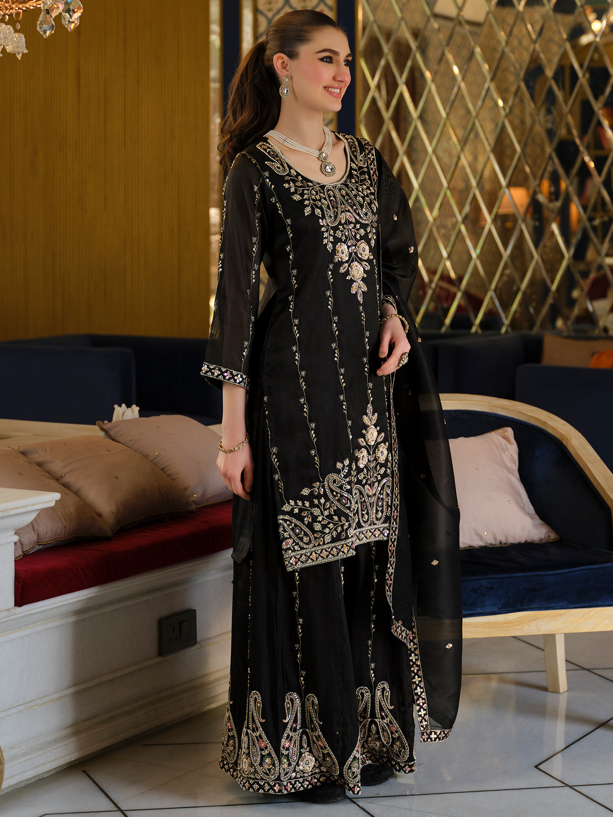 Black Embroidered Straight Kurta Palazzos With Dupatta Set