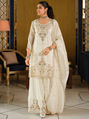 White Embroidered Straight Kurta Palazzos With Dupatta Set