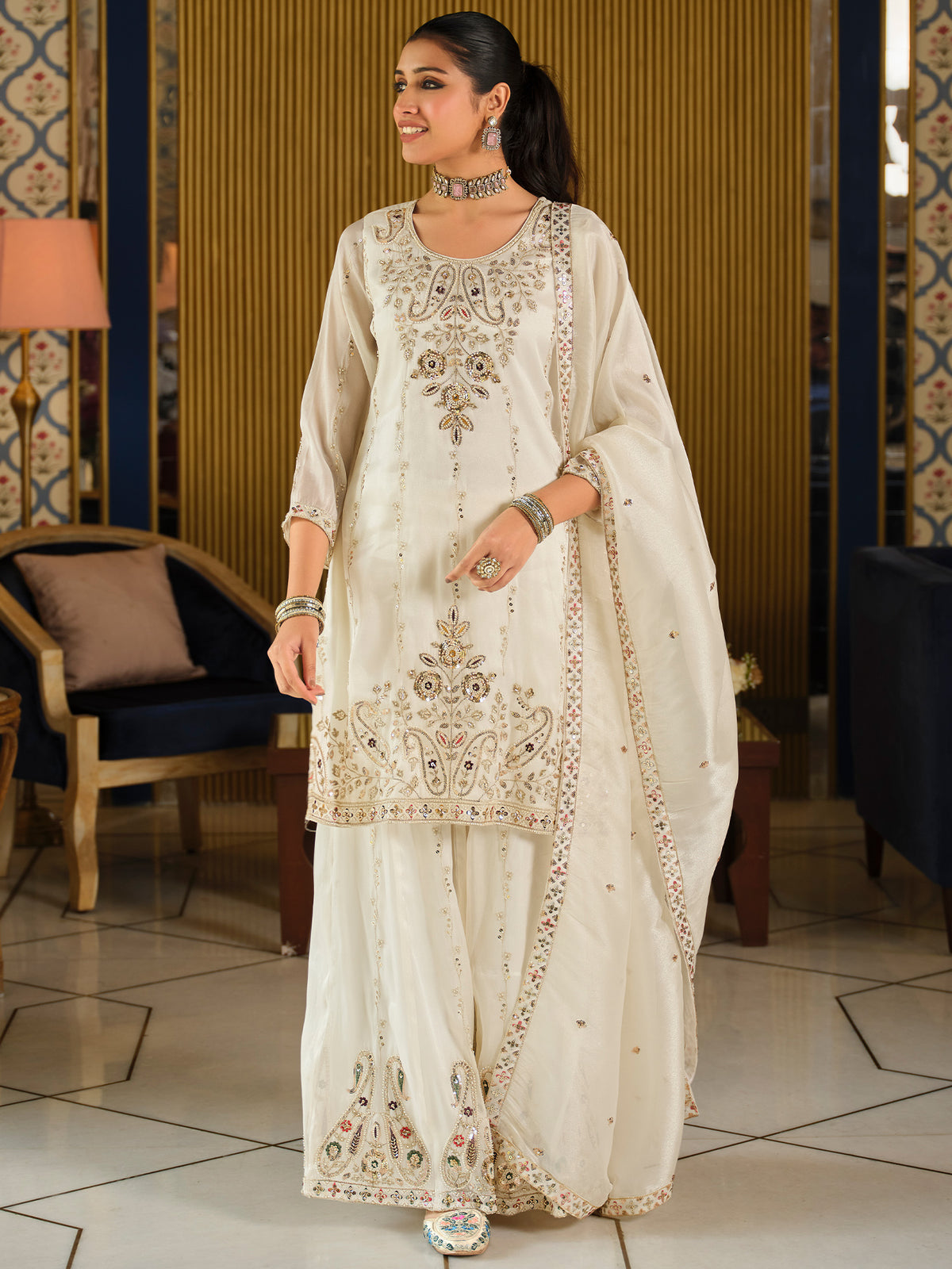 White Embroidered Straight Kurta Palazzos With Dupatta Set