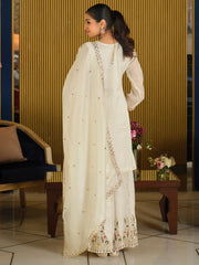 White Embroidered Straight Kurta Palazzos With Dupatta Set