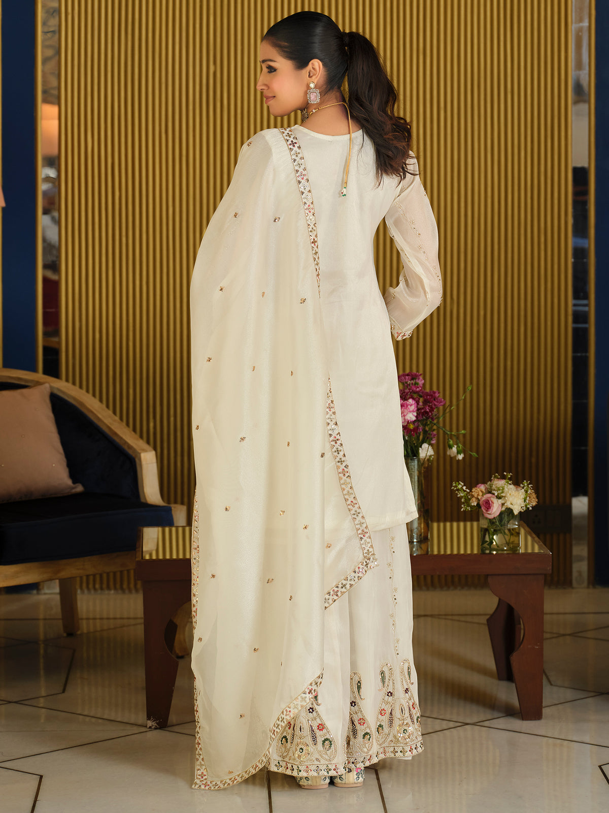 White Embroidered Straight Kurta Palazzos With Dupatta Set