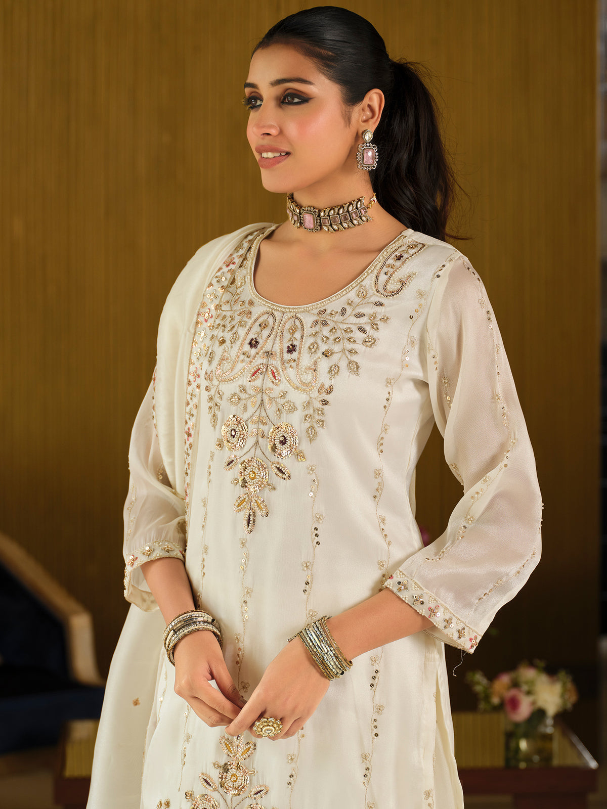 White Embroidered Straight Kurta Palazzos With Dupatta Set