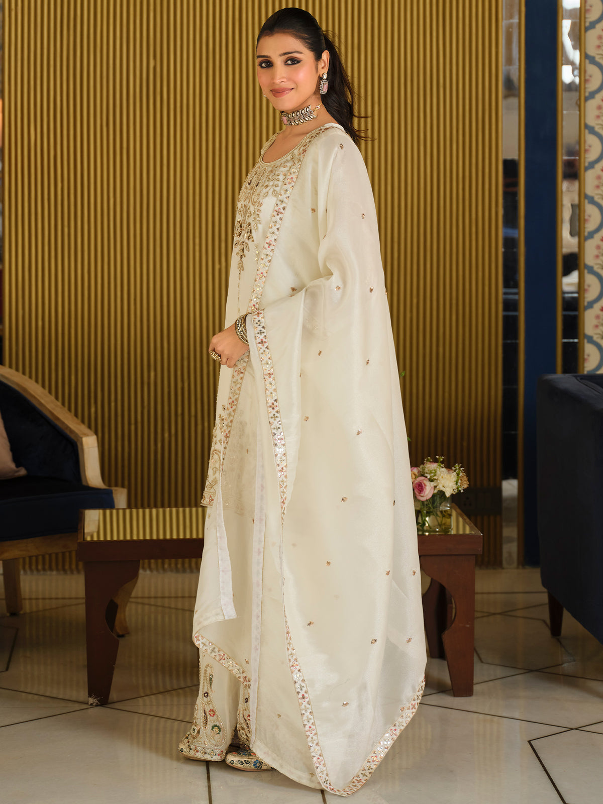 White Embroidered Straight Kurta Palazzos With Dupatta Set