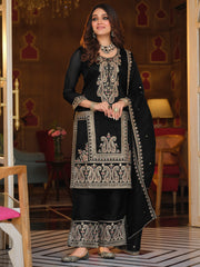 Black Embroidered Straight Kurta Trousers With Dupatta Set