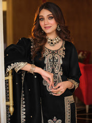 Black Embroidered Straight Kurta Trousers With Dupatta Set
