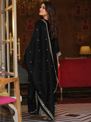 Black Embroidered Straight Kurta Trousers With Dupatta Set
