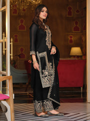 Black Embroidered Straight Kurta Trousers With Dupatta Set