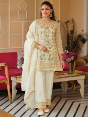 White Embroidered Straight Kurta Trousers With Dupatta Set
