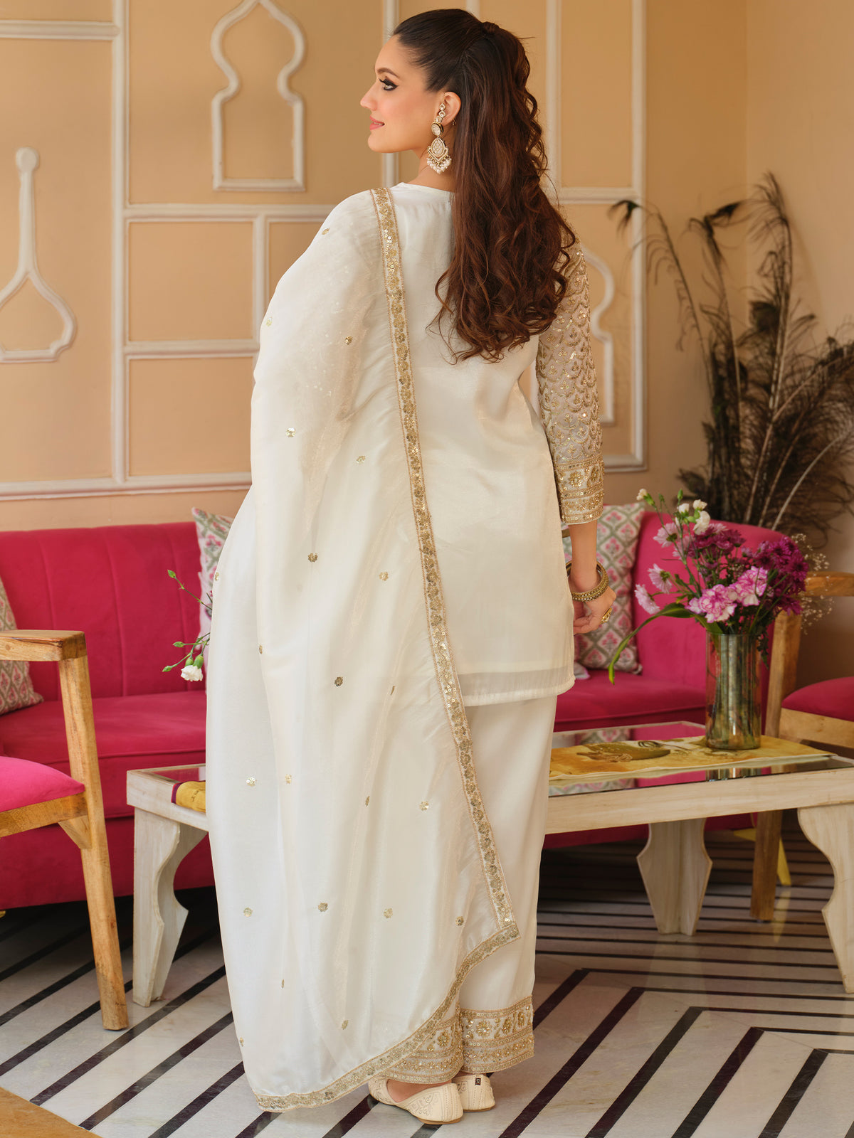 White Embroidered Straight Kurta Trousers With Dupatta Set