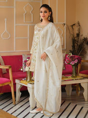 White Embroidered Straight Kurta Trousers With Dupatta Set