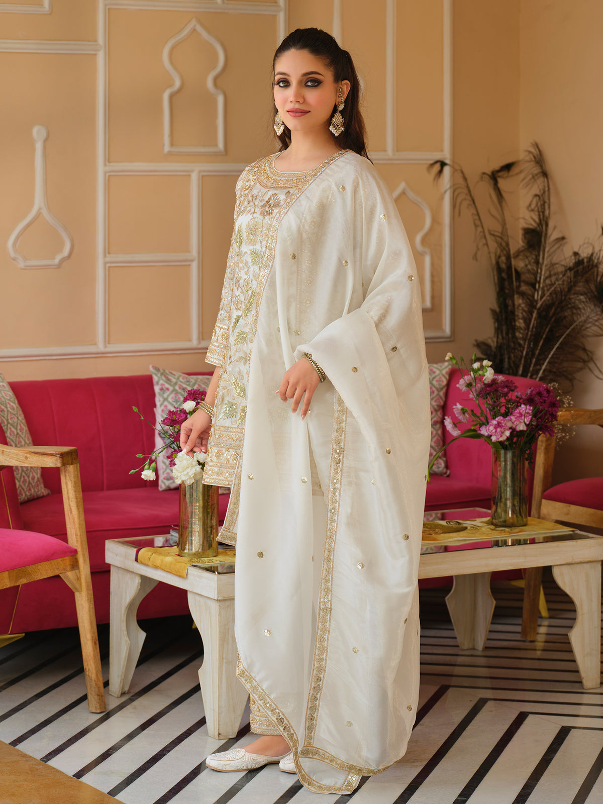 White Embroidered Straight Kurta Trousers With Dupatta Set