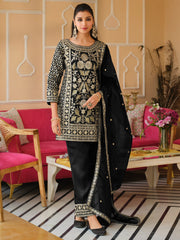 Black Embroidered Straight Kurta Trousers With Dupatta Set