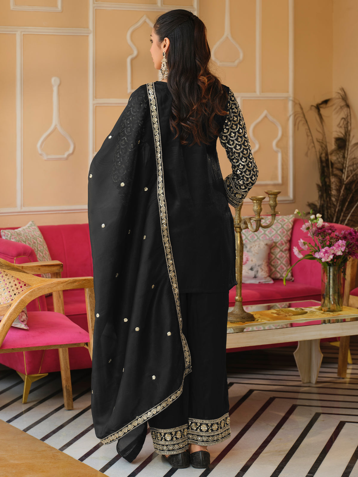 Black Embroidered Straight Kurta Trousers With Dupatta Set