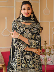 Black Embroidered Straight Kurta Trousers With Dupatta Set