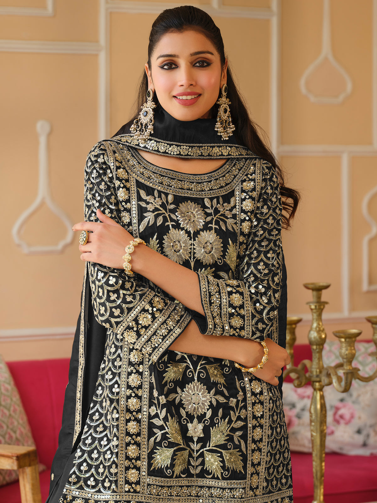 Black Embroidered Straight Kurta Trousers With Dupatta Set
