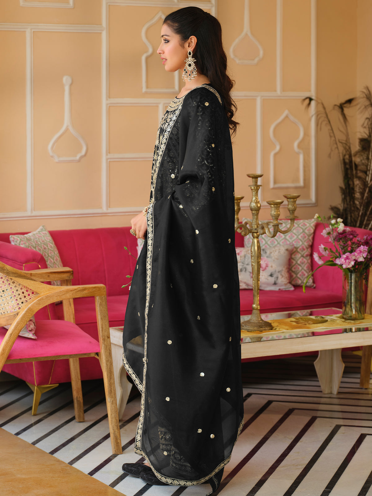Black Embroidered Straight Kurta Trousers With Dupatta Set
