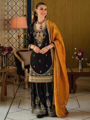 Black Embroidered Straight Kurta Palazzos With Dupatta Set