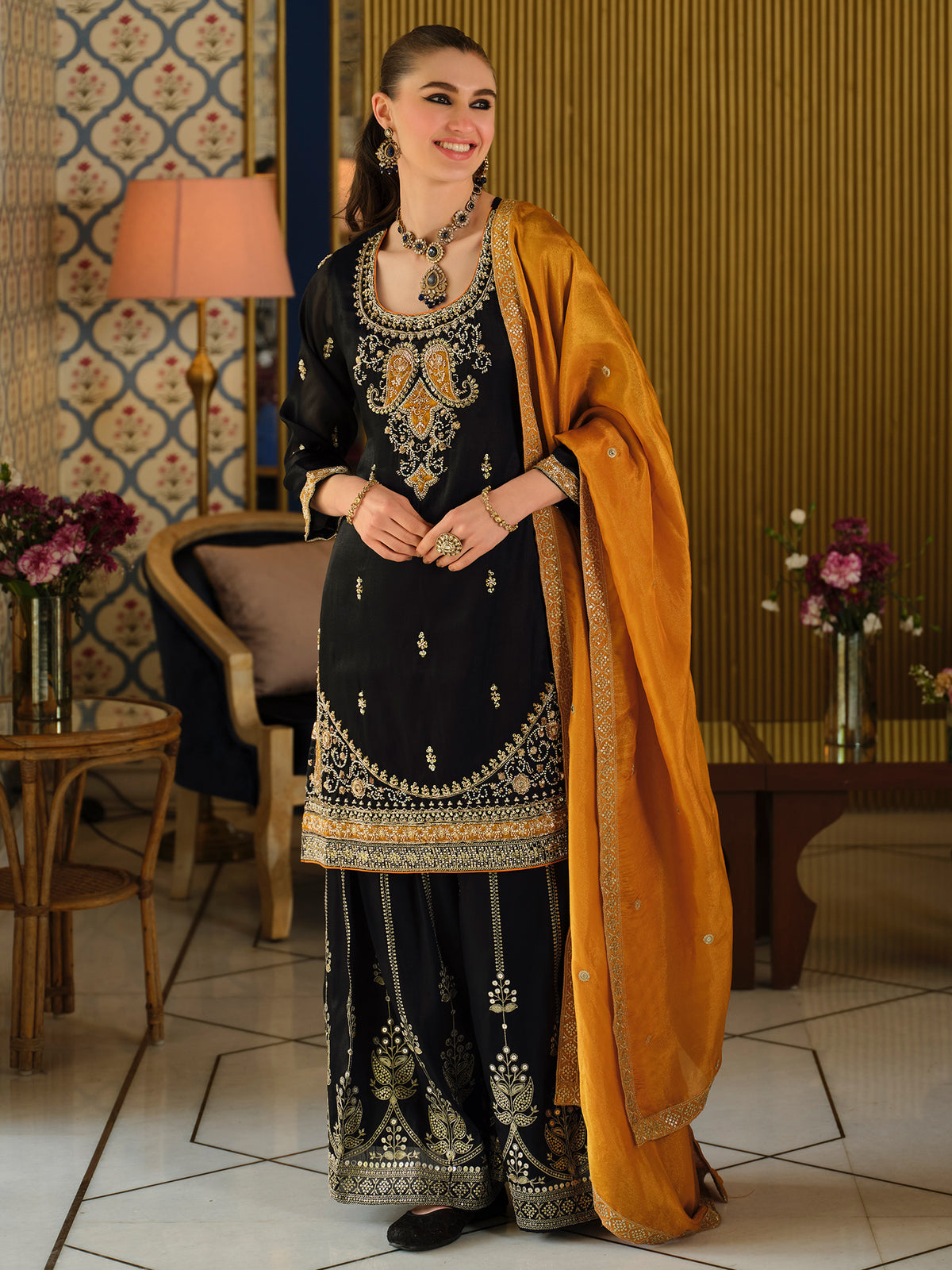 Black Embroidered Straight Kurta Palazzos With Dupatta Set