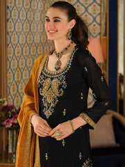 Black Embroidered Straight Kurta Palazzos With Dupatta Set
