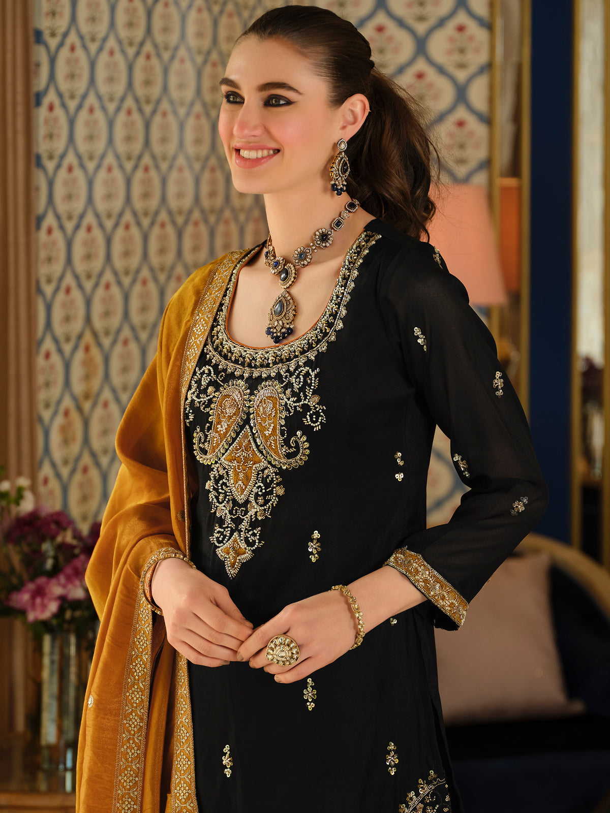 Black Embroidered Straight Kurta Palazzos With Dupatta Set