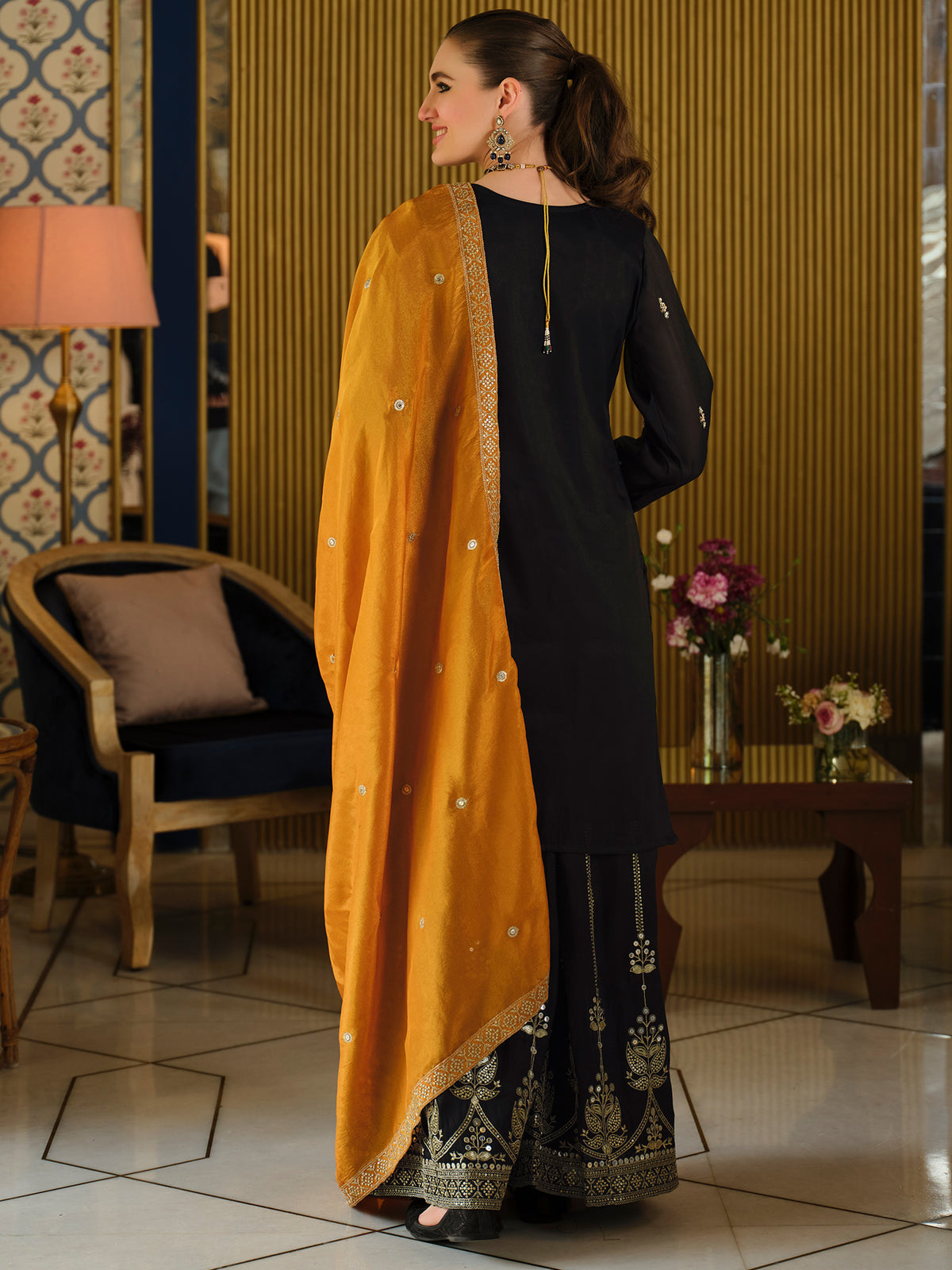 Black Embroidered Straight Kurta Palazzos With Dupatta Set