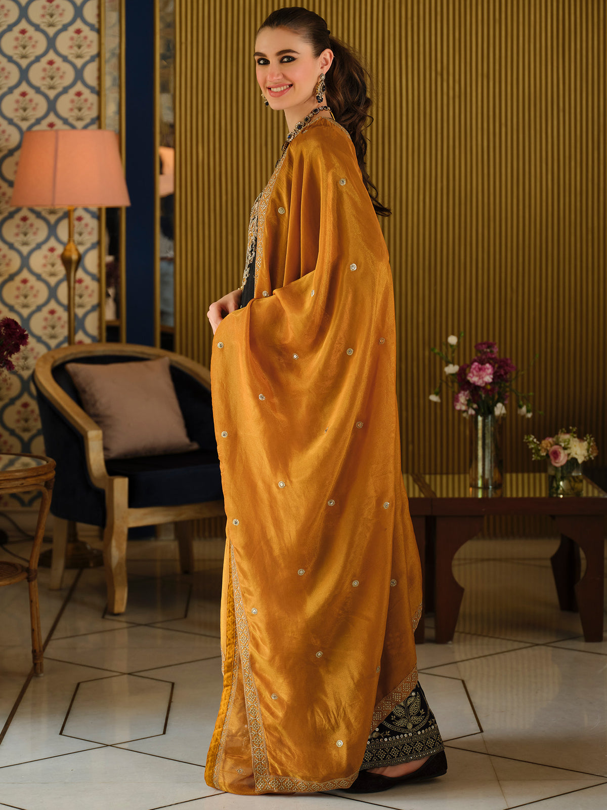 Black Embroidered Straight Kurta Palazzos With Dupatta Set