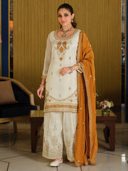 White Embroidered Straight Kurta Palazzos With Dupatta Set